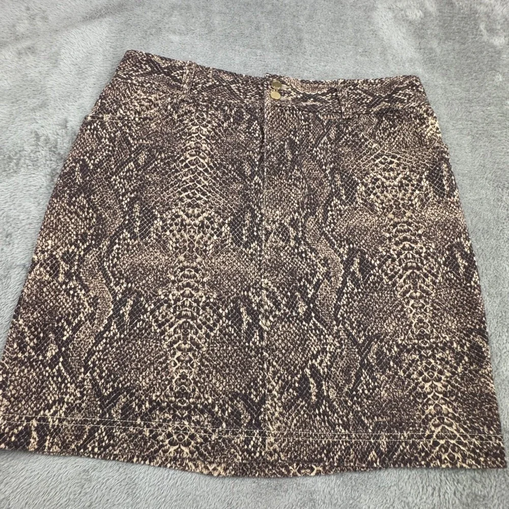 Chaps Mini Skirt Women 12 Brown Snakeskin Print Stretch Cotton EUC 5 Pocket